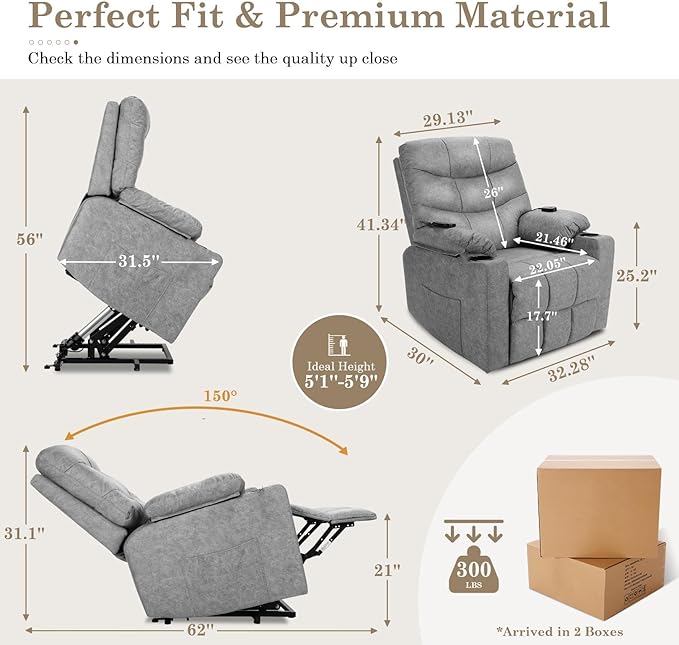 Electric Power Lift Recliner Chair for Elderly Lift Recliner Chair with Massage and Lumbar Heat 150° Reclining Chair with Cup Holders Side Pockets and Remote Control Ideal for Living Room (Grey)