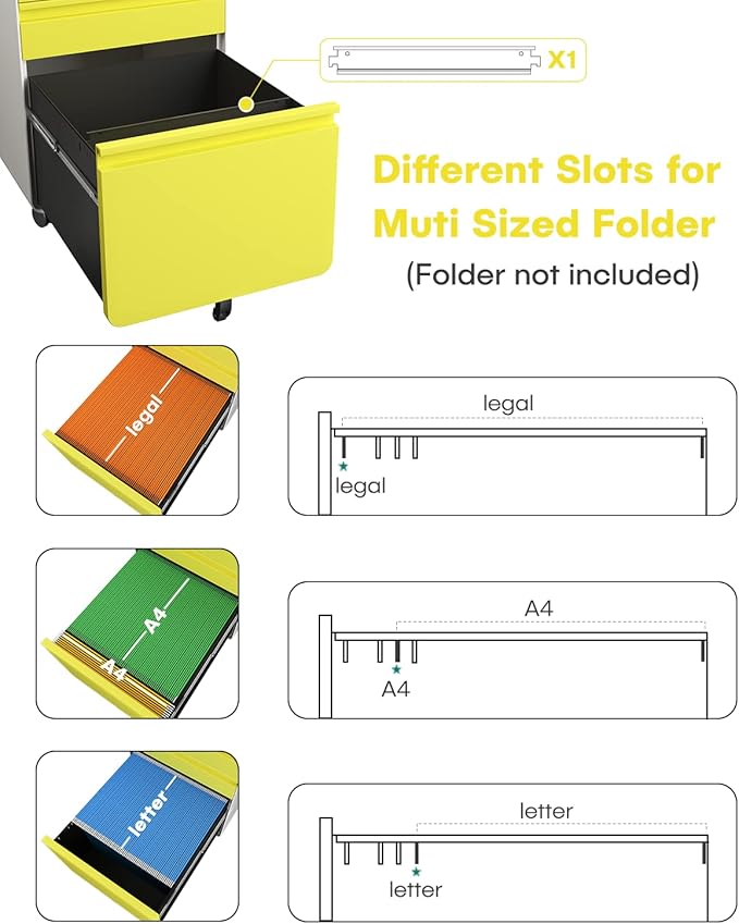 Dripex 3 Drawer File Cabinet Metal Filing Cabinets with Lock Wheels &amp Hanging Rail for A4/Legal/Letter File Anti-tilt Under Desk Design Lockable Rolling Mobile File Cabinet for Home Office (Yel