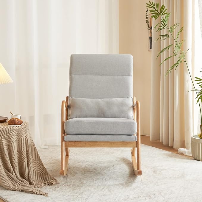 Rocking Chair Nursery Glider Rocker Convertible Rocking Armchair to Accent Chair Mid-Century Modern Chair with Lumbar Pillow for Bedroom Living Room Nursery Light Gray
