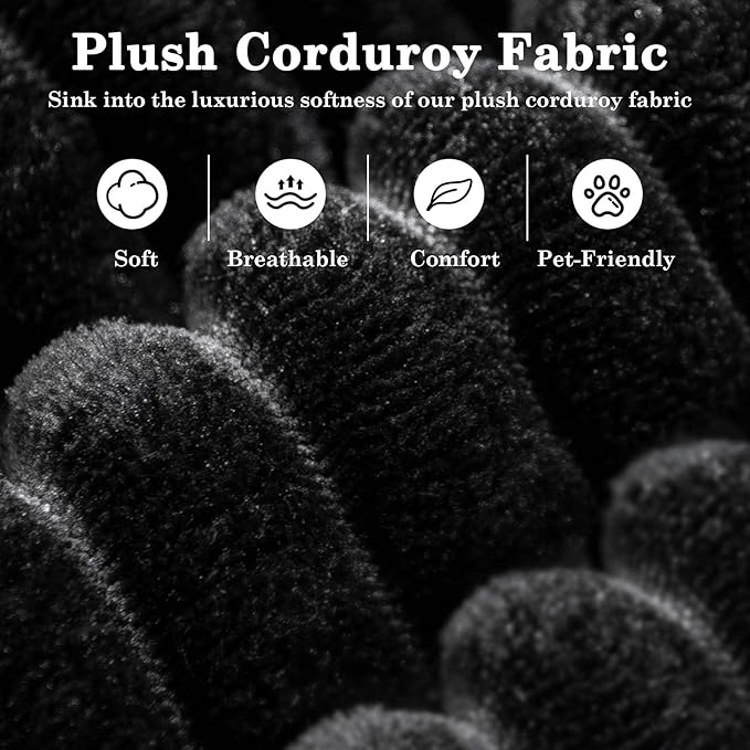 104 Black Boneless Couch with Chaise Sectional Couches for Living Room L Shaped Couch 4 Seat SofaCompression Sofa for Bedroom Comfy No Assembly Corduroy (Black Right)