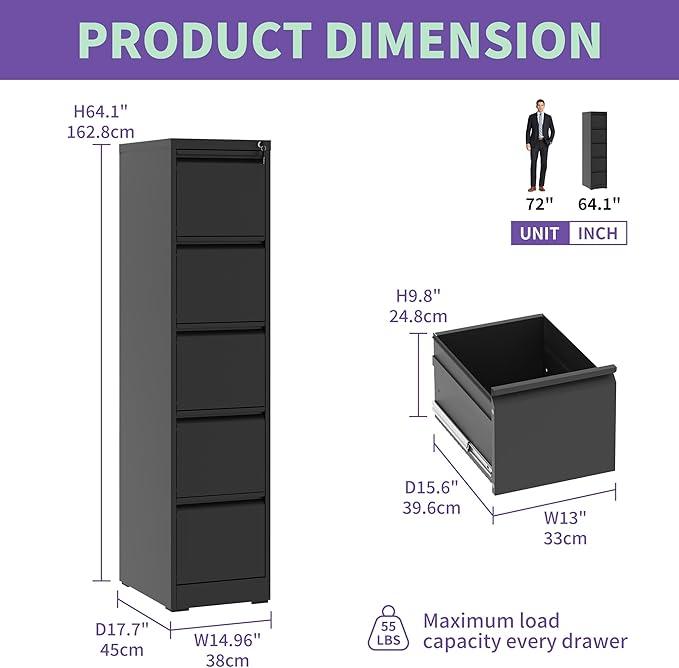 5 Drawer Small Metal Vertical File Cabinet with LockUnder Desk Storage Organizer Filing Cabinets for Home Office Locking Drawers for A4 Legal/Letter SizeBlack