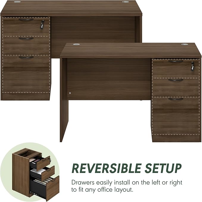 Furinno Roger 47 Inch Executive Desk with File Cabinet Home Office Desk with 3-Drawer Fixed Pedestal Filing Cabinet Desk Cord Grommet for Home Office Modern Walnut