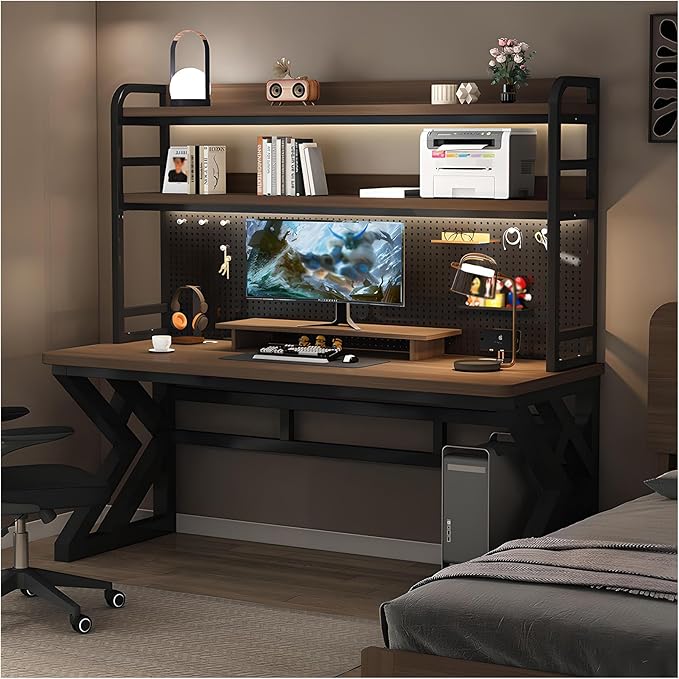 Gaming Desk with Pegboard and Storage Shelves Computer Desk with Home Office Design Modern Office Desk with Spacious Computer Workspace for Home Office and Gaming Setup (Brown 47.2 in)