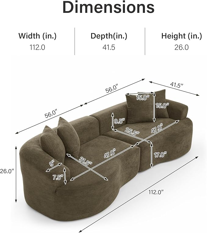DEINPPA Oversized Modular Couch with 4 Pillows 4-Seater Curved Cloud Sofa Chenille Upholstered Comfy Couch for Living Room Apartment Office No Assembly Needed-Dark Brown