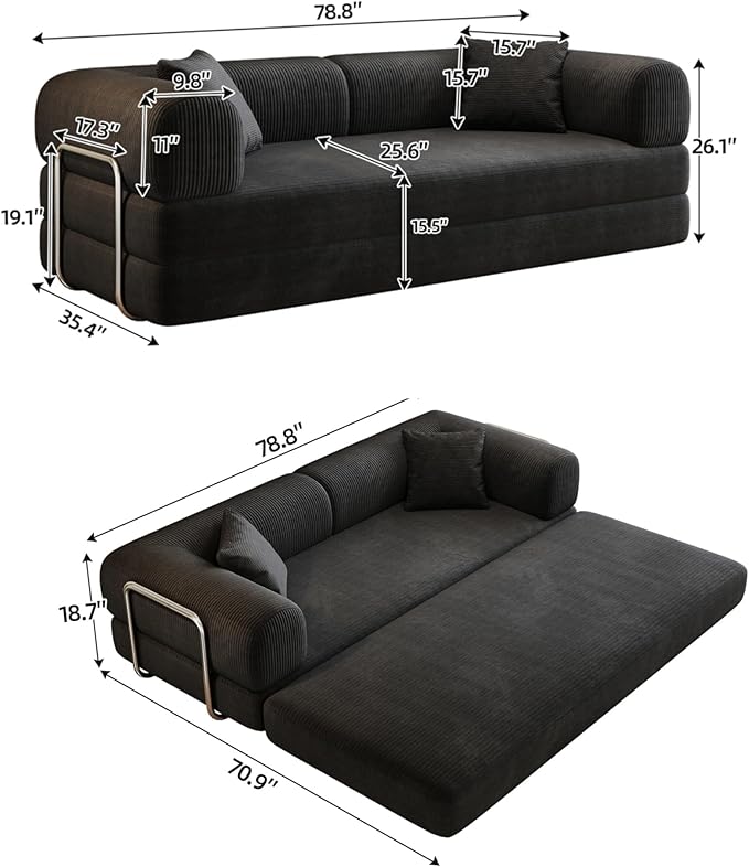 KEIKI 78.8 inch Compression Sofa Convertible Floor Sofa Bed Comfy Futon Couch Sleeper Bed Corduroy Folding Loveseats for Living Room Black