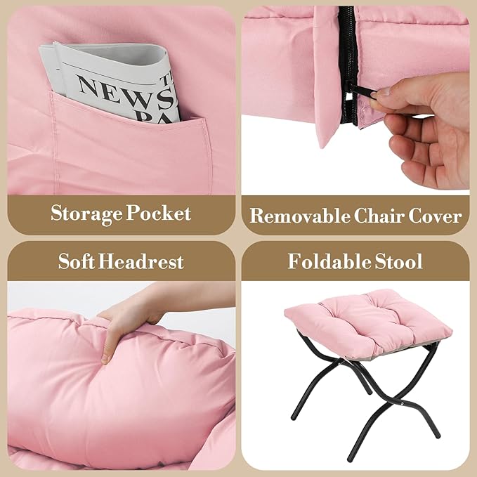 Athena Collection Lazy Lounge Chair with Ottoman Modern Soft Reading Arm Chair for Adults Comfy Sofa Armchair with Footrest and Side Pocket for Corner Living Room Bedroom Small Space Pink