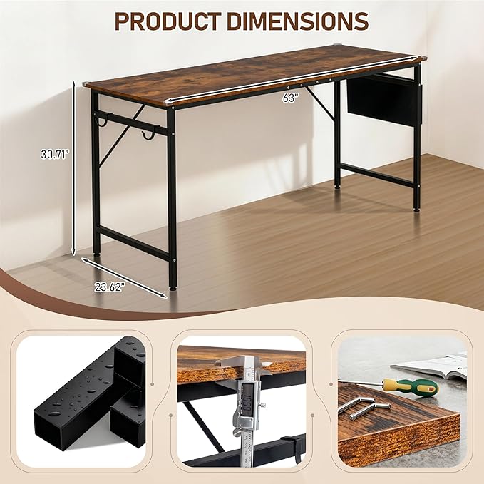 VINGLI 63 Inch Computer Office Modern Simple Gaming Desk with Side Fabric Drawer &amp Hook Up Wear-Resistant Surface Writing Desk Work Desk for Bedroom Living Room Rustic Brown