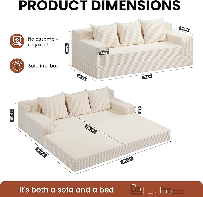 Boneless Couch 78 Inch 2 in 1 Convertible Sofa Bed Corduroy 3 Seater Fold Out Couch Oversize Boneless Loveseat Sleeper Sofa with 3 Pillows for Living Room Bedroom &amp Apartment