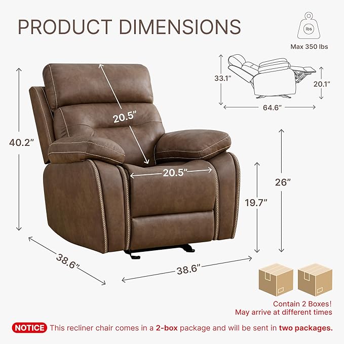 Leather Recliner Chair Manual Sofa Rocker for Adults with Overstuffed Arm for Living Room Bedroom Home Theater Seating