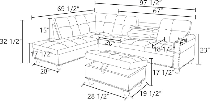 Wakefit Sectional Sofa Couch Modern 4-Seaters Living Room Furniture Sets with Chaise Lounge Ottoman &amp 2 Pillows | L Shape Couch | Cup Holder | Linen Fabric Beige