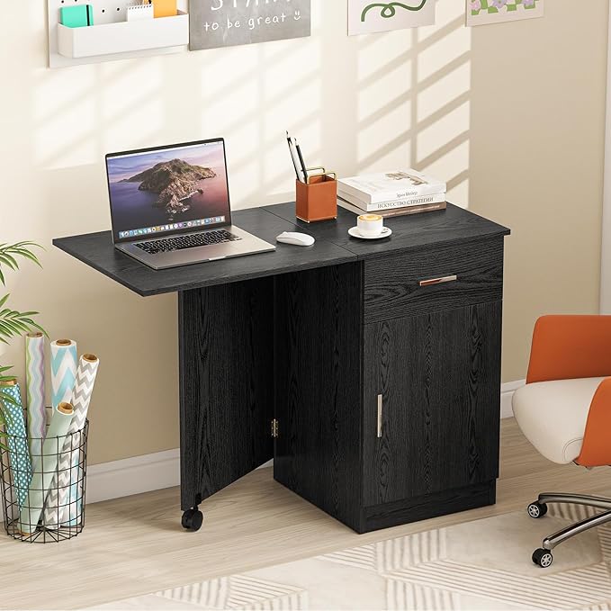 Giantex Folding Computer Desk with Drawer Home Office Desk w/Cabinet &amp Adjustable Shelf Compact Foldable Side Table Study Writing Desk for Small Spaces Dorm Apartment (Black)