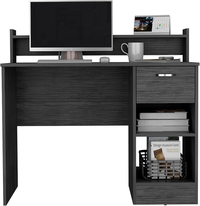 Home Office Desk Computer Desk with Top Open Shelf 1-Drawer and 2-Storage Shelves Smokey Oak