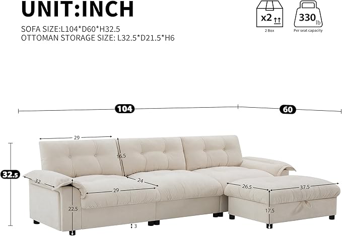 Ball &amp Cast Modular L Shaped Sectional Sofa with Movable Storage Ottoman and Dual-Port Charging4 Seater Comfy Cloud Couch W/Side Storage Pockets &amp Cup Holderfor Living RoomApartmentBeige1
