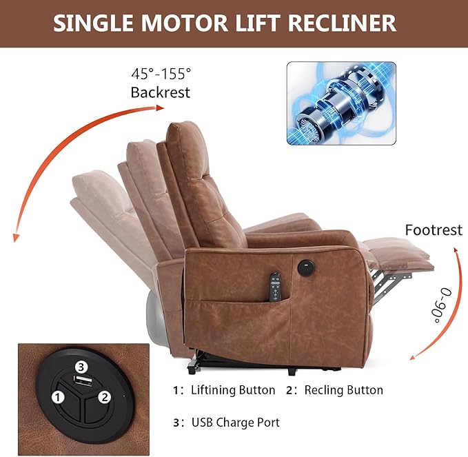 Small Power Lift Chair Recliner for Elderly Petite Power Recliner Chair with Massage and Heat | USB | High Back | Push Button | Side Pockets Liviing Room Easy Assembly (PU Leather Light Brown)
