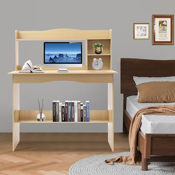 Computer Desk with Hutch - 40 Home Office Desk with Bookshelf &amp Lower Storage Shelf for Studying Gaming Table Computer Desk and Small Spaces (Wood Color)