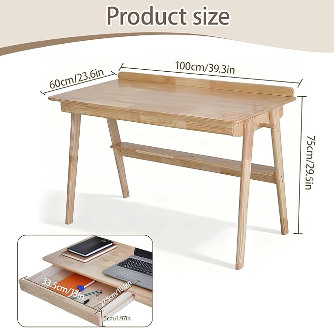 Mid-Century Modern 100% Solid Wood Writing Desk 39 Rubberwood Home Office Computer Table &amp Workstation Desk with 2 Drawers Lower Shelf &amp Side Hooks 350 lbs Load Laptop Desk