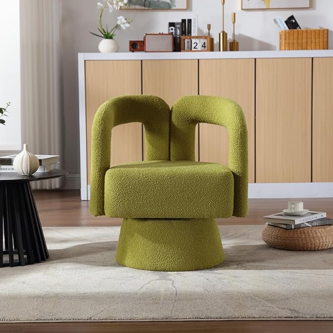 360 Degree Swivel Cuddle Barrel Accent Chairs Round Armchairs with Wide Upholstered Fluffy Fabric Chair for Living Room Bedroom Office Waiting Rooms (Olive Green)