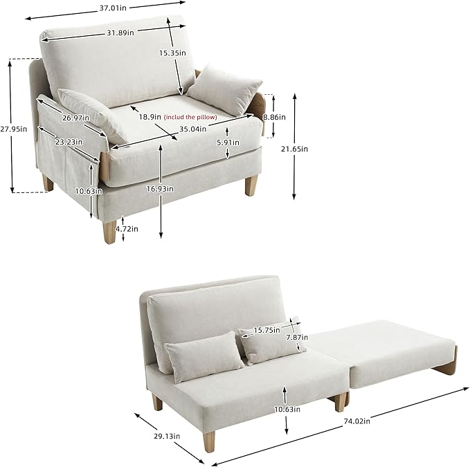 TTK 3-in-1 Foldable Sofa Bed Recliner Sleeper Mid-Century Modern Convertible Sofa Chair with 3 Pillows Space-Saving Design for Small Spaces Bedroom Study &amp Guest Room Beige