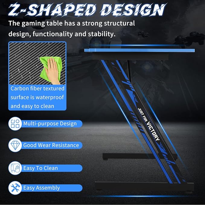 BLKMTY 35 Inch Gaming Desk Computer Desk with Headphone Hook Modern Gamer Desks Table for Home Office Dorm Sturdy Writing Workstation Z-Shaped Carbon Fiber Black Blue