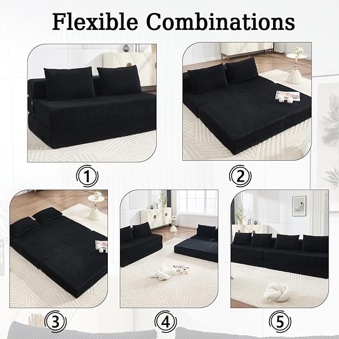 55 Convertible Folding Sofa Bed with 2 Pillows Corduroy Foldable Sleeper Sofa for Adult Floor Couch Bed for Living Room Bedroom No Assembly (Black)