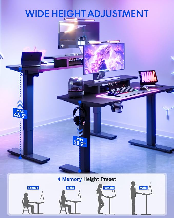 FLEXISPOT Standing Desk with Monitor Stand 48 x 24 Inches One-Piece Electric Height Adjustable Computer Desk with Cup Holder for Home Office Black