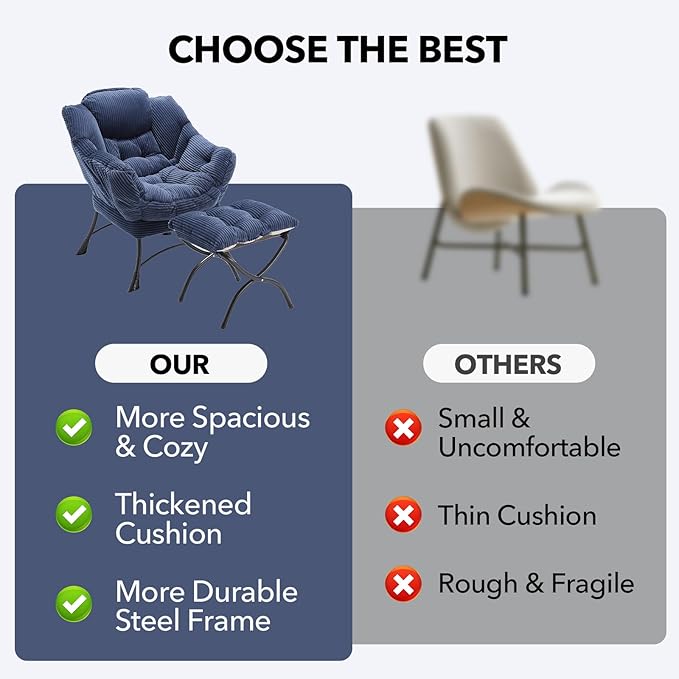 NIOIIKIT Leisure Lazy Chair with Ottoman Corduroy Upholstered Lounge Armchair with Side Pocket Comfy Reading Chair Lazy Sofa Chair for Living Room Bedroom Office (Navy Blue)