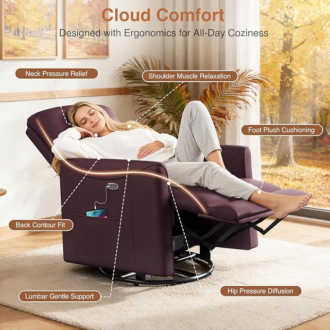 Kidirect Power Swivel Rocker Recliner 360° Swivel Recliner Chairs for Nursery Pu Leather Power Recliner Chair with USB Port and Side Pocket Electric Glider Rocking Chair for Living Room