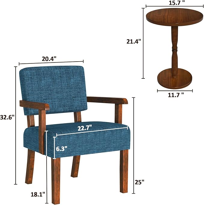 Accent Chair Set of 2 with Table Living Room Chairs with Soft Seat and Armrests for Living Room Bedroom Reading Room Waiting Room Lake Blue (AC01)