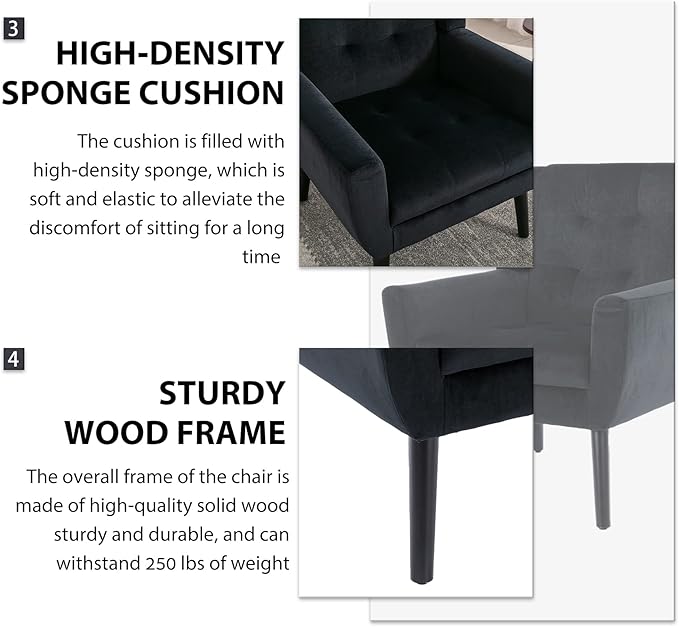 Dolonm Midcentury Modern Velvet Accent Chair with Arms Upholstered Reading Side Chair Tufted Back Decorative Wingback Chair for Living Room Bedroom (Black)