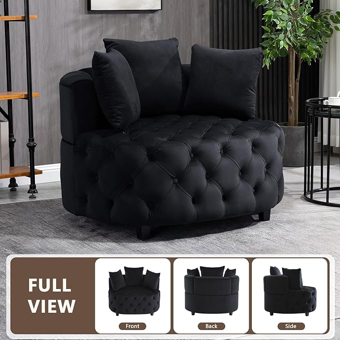 mikibama Black Velvet Accent Chair Upholstered Barrel Chair Lounge Chair with 3 Movable Pillows and Rubber Wood Legs Oversized Round Sofa Chair Reading Chair for Living Room Bedroom Hotel Office