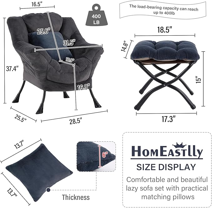 Lazy Chair with Ottoman Large Blue Gray Accent Chair with Ottoman and FA Throw Pillow Comfy Plush Reading Chair for Living Room Bedroom Dorm Room Office Apartment Relaxing Use
