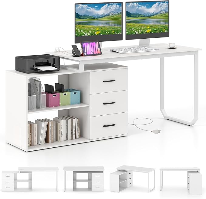 GOFLAME Reversible L Shaped Computer Desk with Charging Station 55” Home Office Desk with 3 Drawers 3-Level Adjustable Shelf Convertible Study Writing Desk for Small Space White