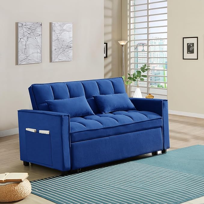 3 in 1 Convertible Sleeper Sofa Couch with Pull Out Bed55 Velvet Upholstered Futon Sofa BedModern Loveseat Sleeper Chaise with Adjustable Backrest for Living Room Guest Room Apartment(Blue)