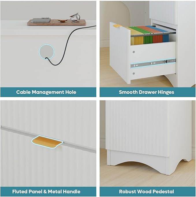 Bestier L Shaped Desk with File Drawer 55.7 x 55 Office Computer Desk with Round Corners Modern Desk with Monitor Stand &amp Fluted Panels for Home Office White