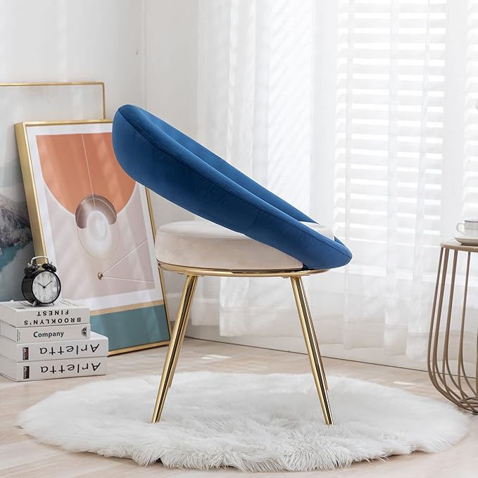 Navy Blue+Off-White Velvet Modern Accent/Conversation Lounge Chair with Gold Plated Legs Unique AppearanceSuitable for Office Lounge Living Room