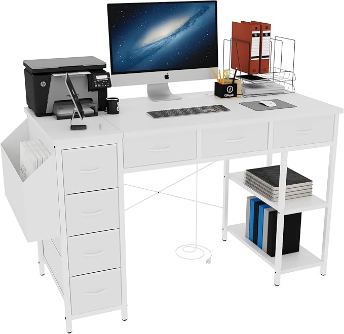 47 Computer Desk with Power OutletWriting DeskHome Office DeskVanity Table with 7 Fabric Drawers Large Side PocketWhite