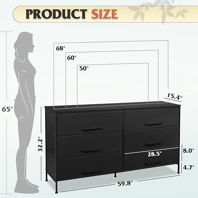 WLIVE Black TV Stand for 60 65 70 inch TV Large Entertainment Center with 6 Fabric Drawer TV Media Console Table with Wood Top Adjustable Feet for Living Room Hallway