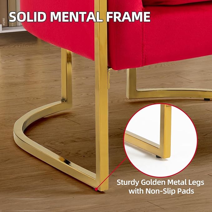 X-VOLSPORT Velvet Accent Barrel Chairs Set of 2 Modern Arm Club Chair Set with Pillow for Living Room/Bedroom/Guest Reception Channel Tufted Gold Finish Base Red