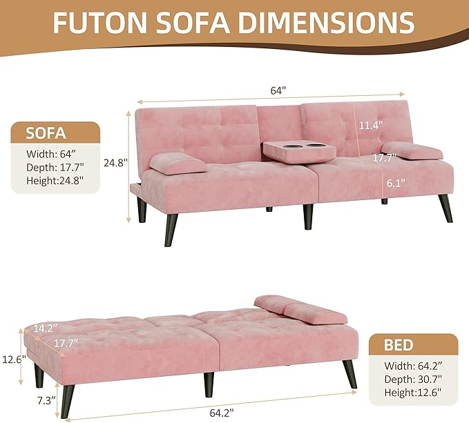 Shintenchi Futon Sofa Bed Velvet Foldable Couch Reclining Sleeper with Removable Armrests Upholstered Loveseat Sofa Couch with Folding Cup Holders for Home Office Pink