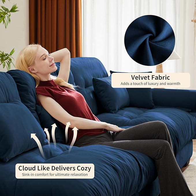 166 Large Sectional Couches for Living Room Cloud Modern Modular Deep Seat Sofa Set Comfy Couches Velvet Fluffy 4 Seater Sofa Set for Bedroom Apartment Blue
