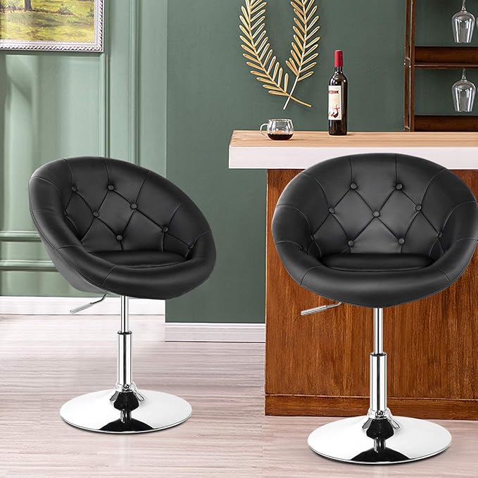 COSTWAY Vanity Chair Contemporary Height Adjustable Makeup Chair with Chrome Frame Tufted Round-Back Modern Swivel Accent Chair for Lounge Pub Bar Black