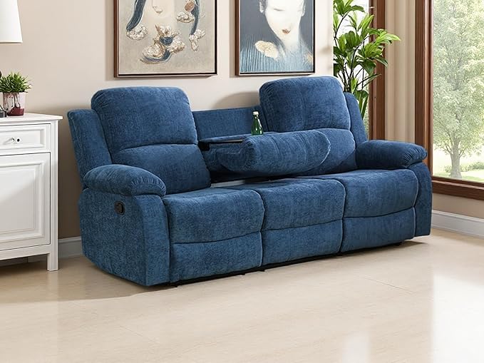 3 Seater Recliner Sofa Couch Modern Manual Reclining Sofa Fabric Reclining Sofa Living Room Couch with Dual Cup Holders and Drop Down Table for Living Room/Office/Rv Car (Blue 3 Seater Sofa)