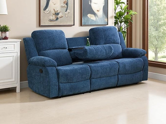 3 Seater Recliner Sofa Couch Modern Manual Reclining Sofa Fabric Reclining Sofa Living Room Couch with Dual Cup Holders and Drop Down Table for Living Room/Office/Rv Car (Blue 3 Seater Sofa)