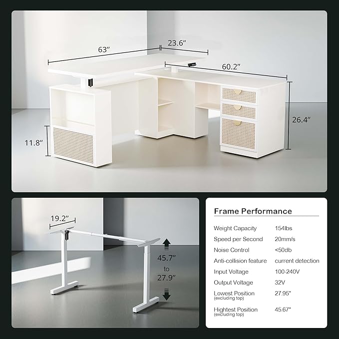 63 Standing Desk with File Cabinet Privacy Panel AC/USB 1.18 Desktop Executive L Shaped Height Adjustable Desk Electric Stand Up Table with 3 Drawers White Rattan