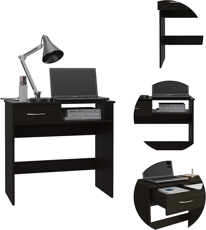 Contemporary Home Office Desk Set with Drawer and Shelf | Black Engineered Wood | Modern Study Desk Combo