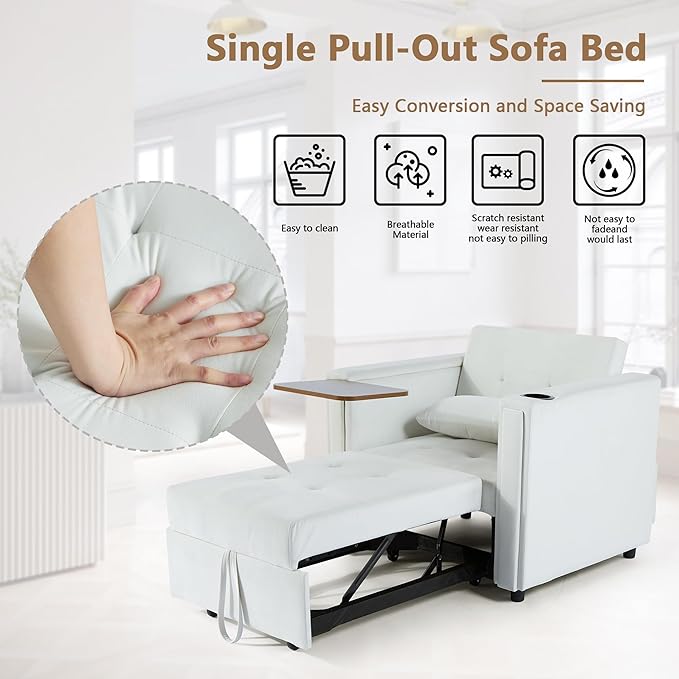 Velvet Convertible Chair Bed 3 in 1 Multi-Functional Lounge Chair Sleeper Pull Out Couch Guest Bed with Hidden Table and Adjustable Backrest for Living Room (White)