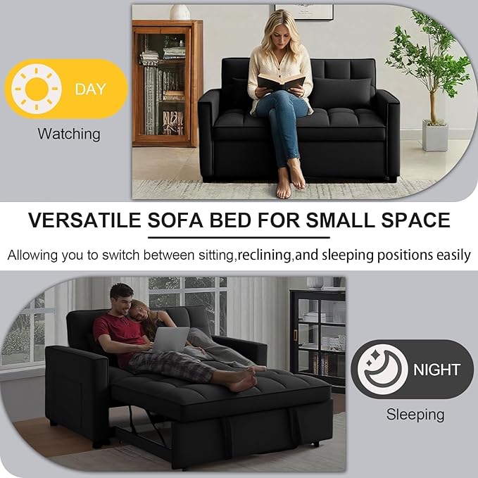 Convertible Sofa Bed Pull Out Couch with Side Pockets 3 in 1 Velvet Fabric Loveseat Sleeper Sofa Bed Pull Out Couch with Adjustable Backrest for Living Room Bedroom Apartment Black