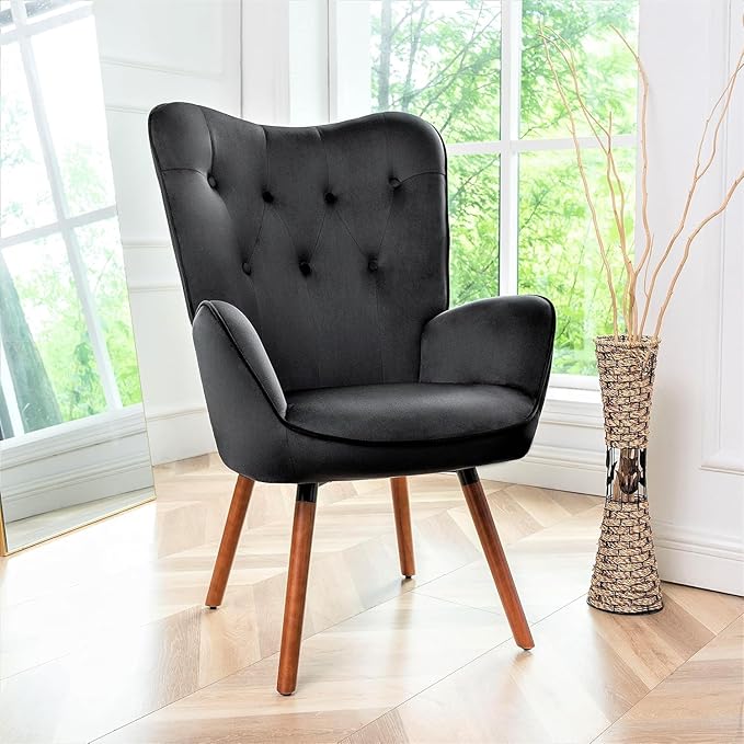 Chic Accent Arm Chairs for Living Room Bedroom or Home Office Button-Tufted Midcentury Armchair with Wingback Design and Splayed Legs Black