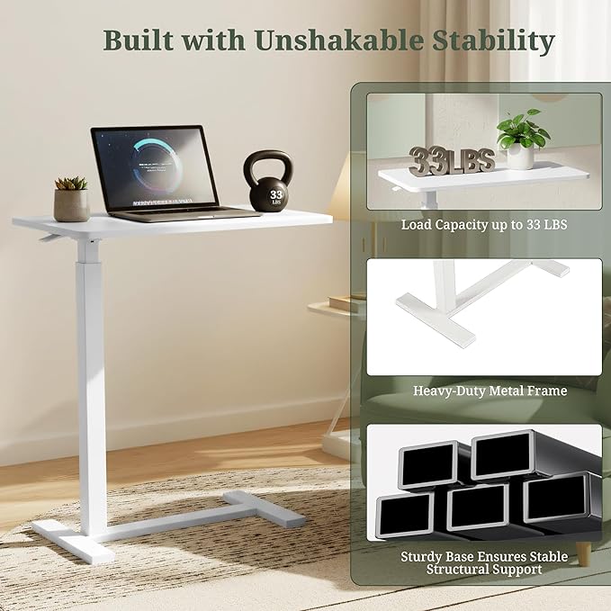 Mobile Standing Desk Adjustable Height Desk with Hidden Casters Portable Laptop Computer Table with Rolling Wheels for Sit Stand Workstation Compact and Sturdy for Home Office Dorm White