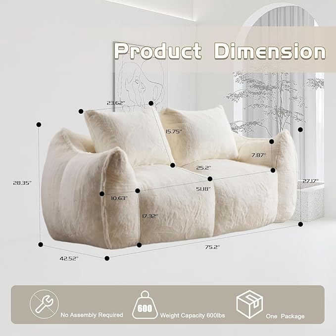 Alpen Loveseat Sofa 75 Comfortable Couch with Armrests 2 Seater Memory Foam Couches with Tufted Cushion &amp Backrest Compressed Sofas for Bedroom Living Room White